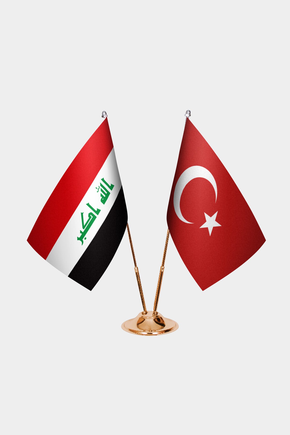 Iraq and Turkey desk flag set with gold pole and base