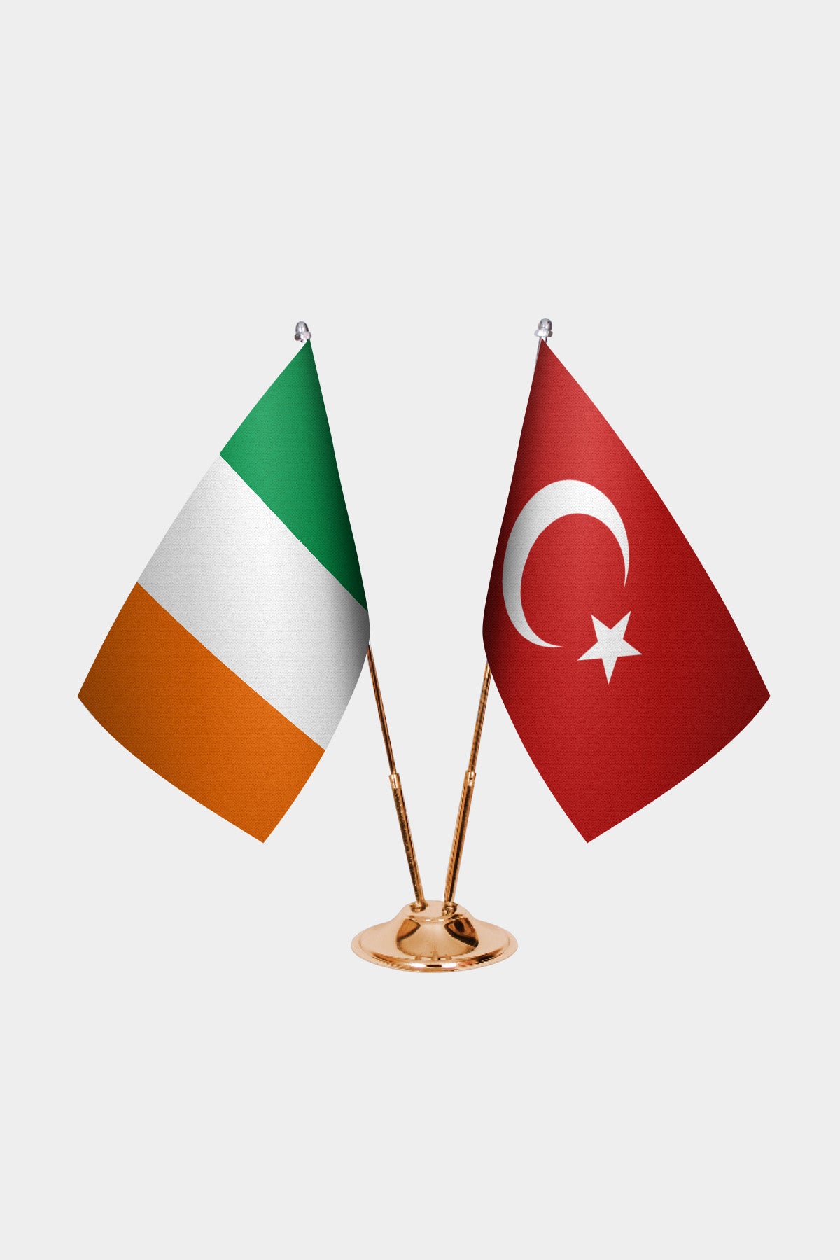 Ireland and Turkey desk flag set with gold pole and base