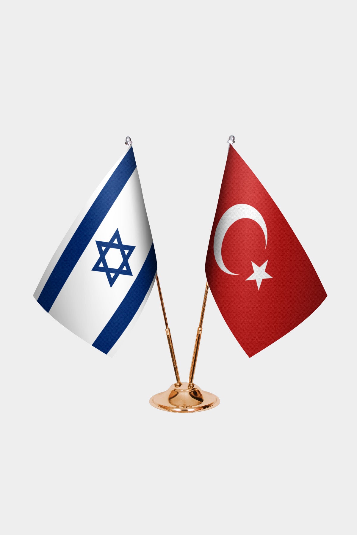 Israel and Turkey desk flag set with gold pole and base