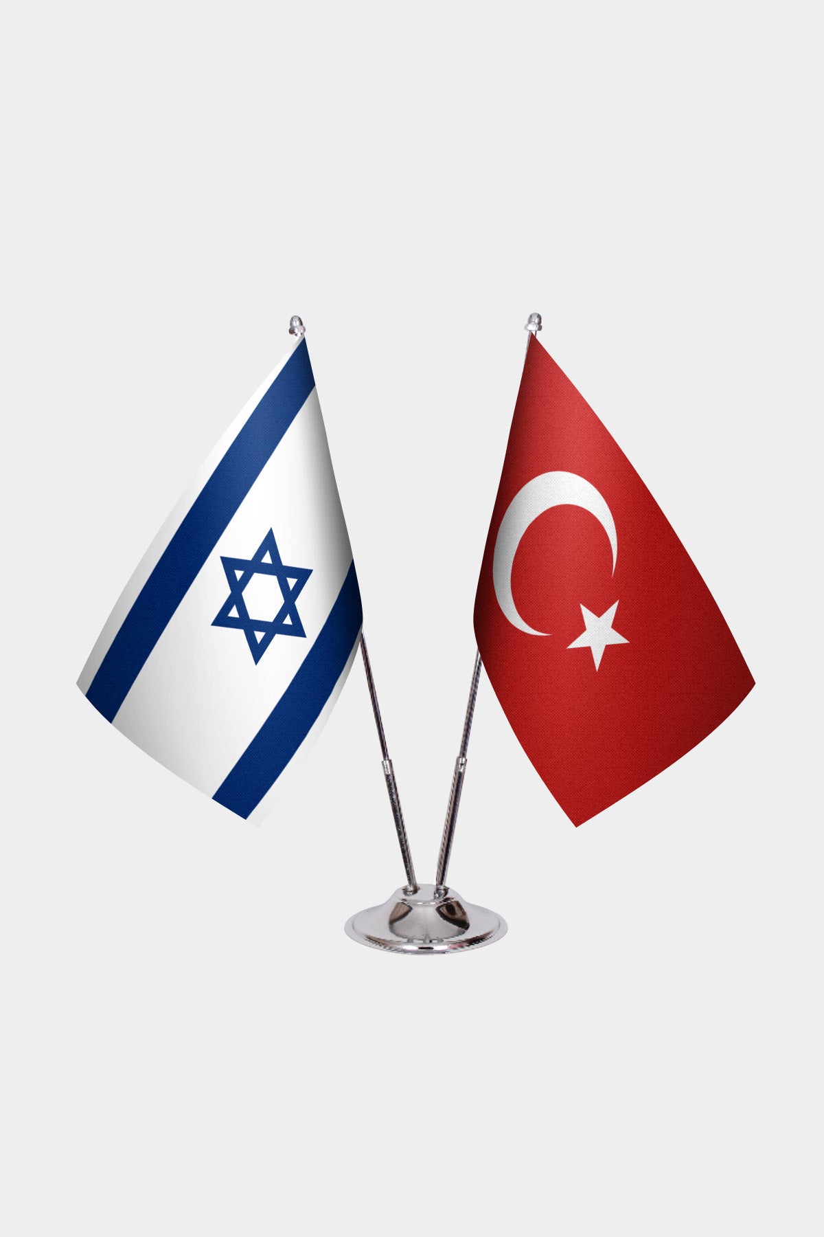 Israel and Turkey desk flag set with chrome pole and base