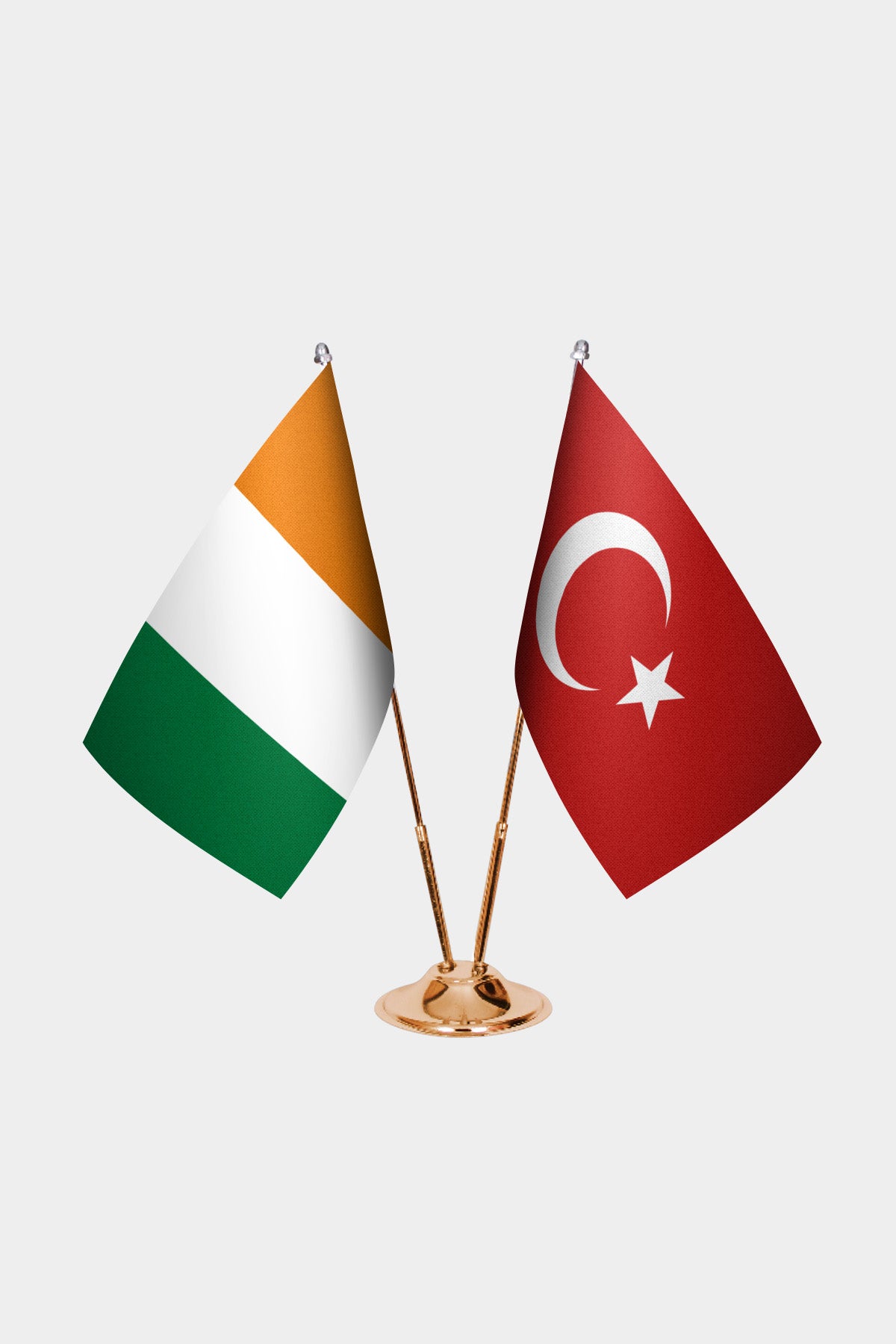 Ivory Coast and Turkey desk flag set with gold pole and base