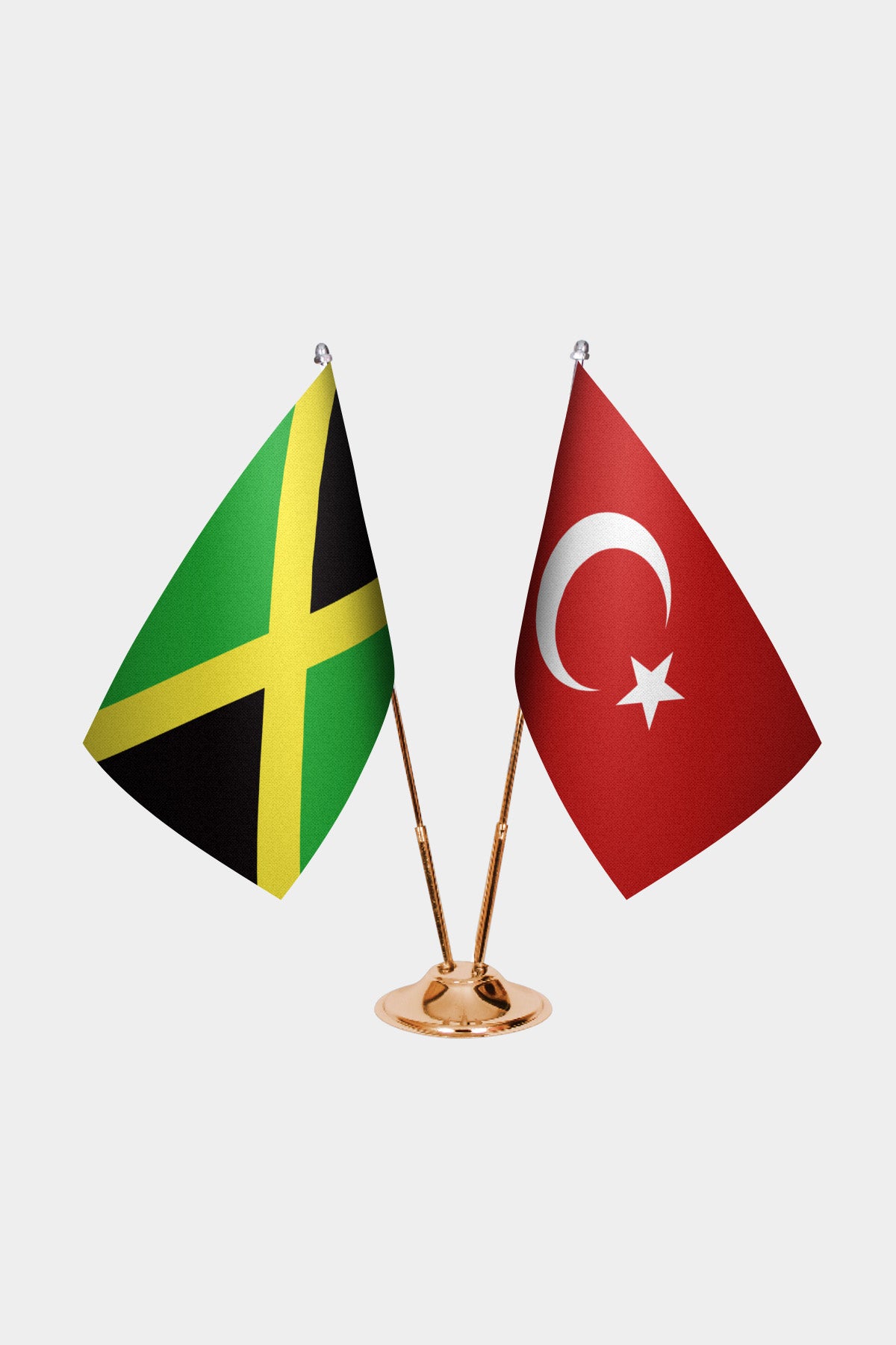 Jamaica and Turkey desk flag set with gold pole and base