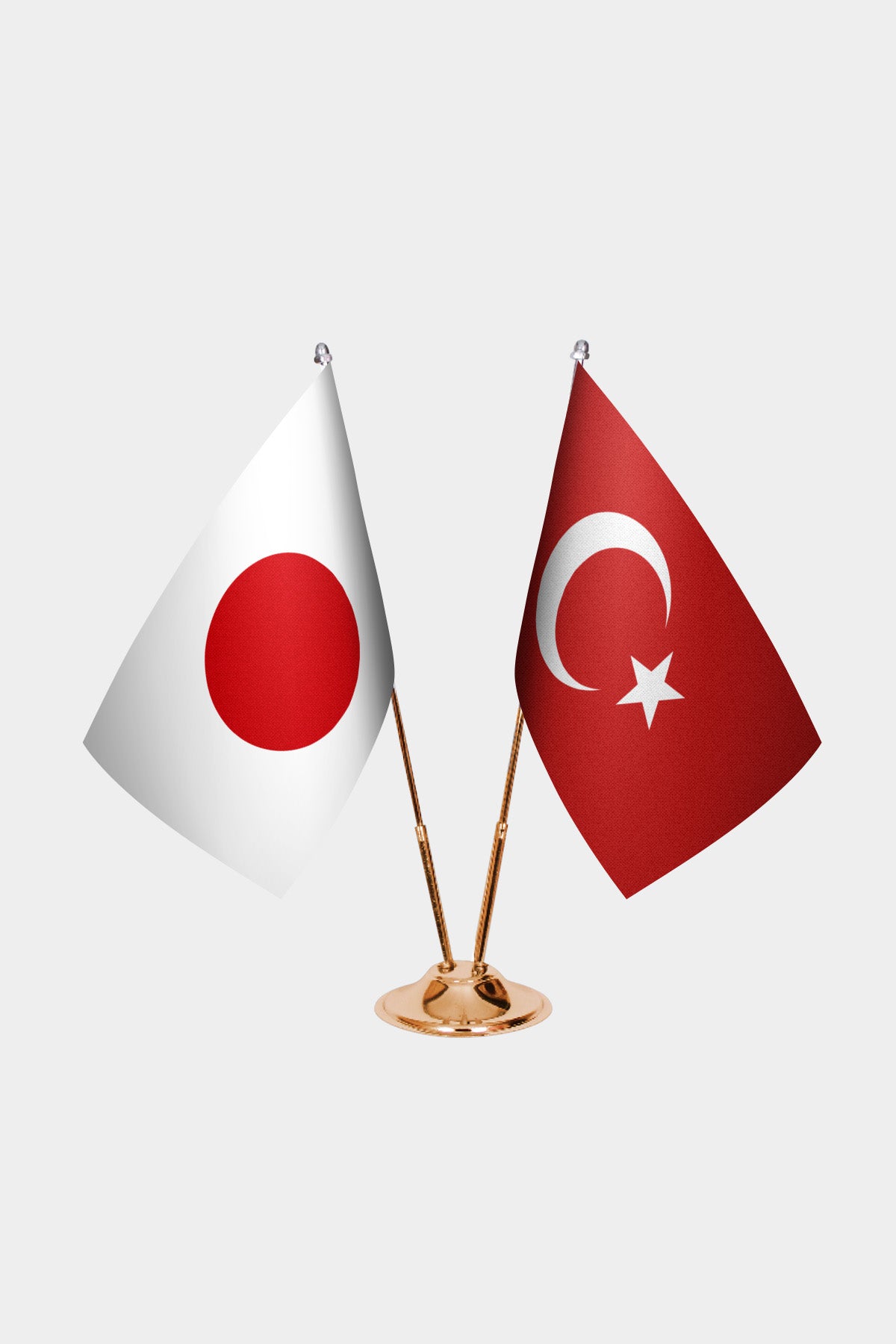 Japan and Turkey desk flag set with gold pole and base