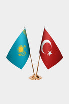 Kazakhstan and Turkey desk flag set with gold pole and base