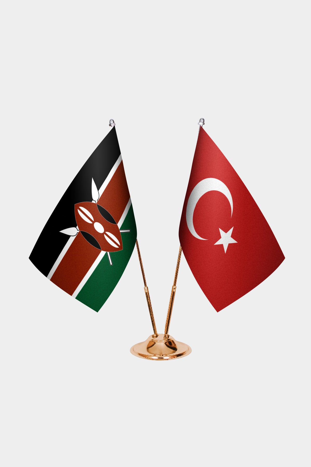 Kenya and Turkey desk flag set with gold pole and base