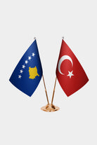 Kosovo and Turkey desk flag set with gold pole and base