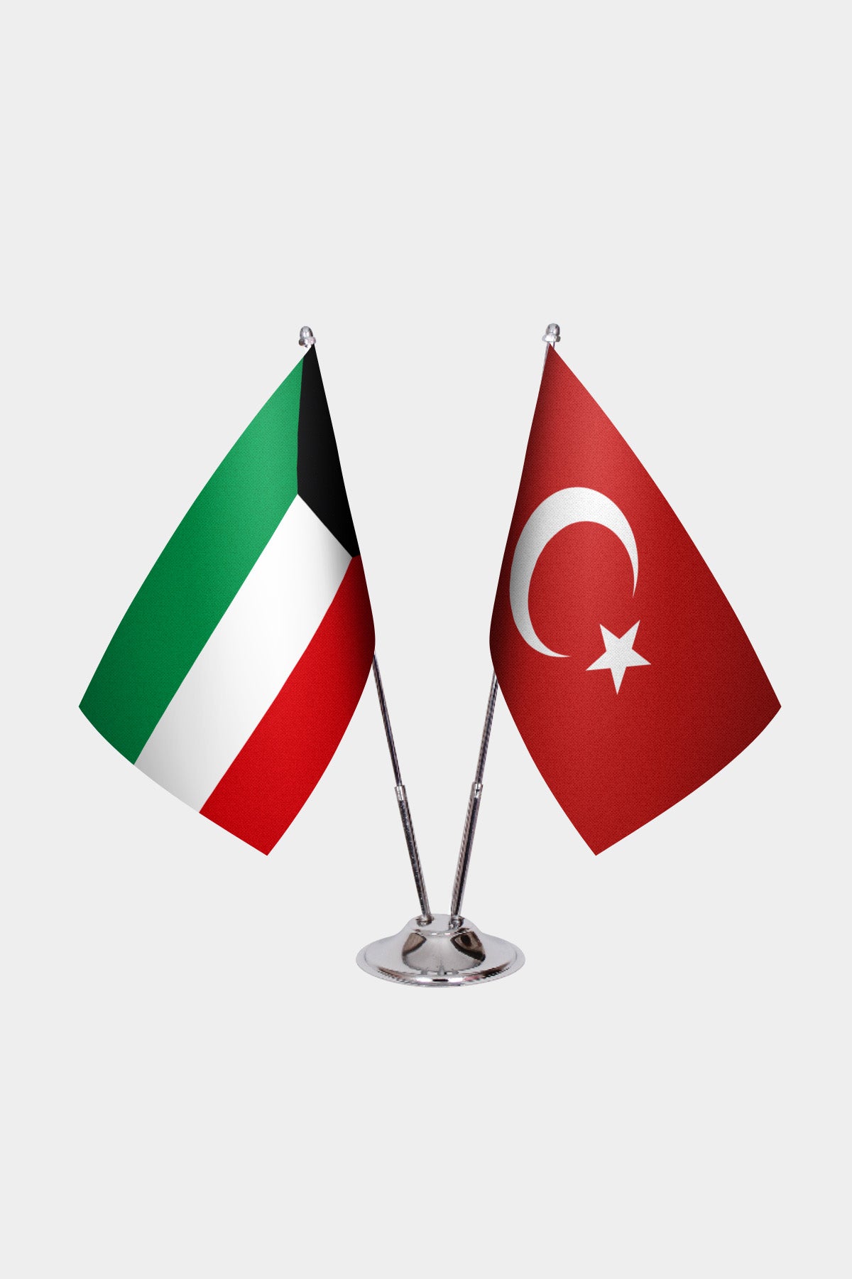 Kuwait and Turkey desk flag set with chrome pole and base