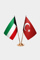 Kuwait and Turkey desk flag set with gold pole and base