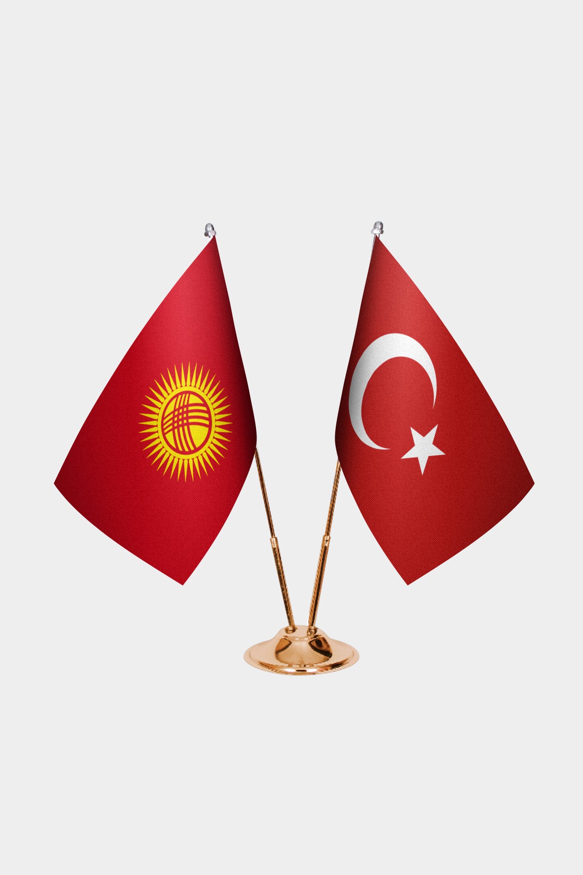 Kyrgyzstan and Turkey desk flag set with gold pole and base