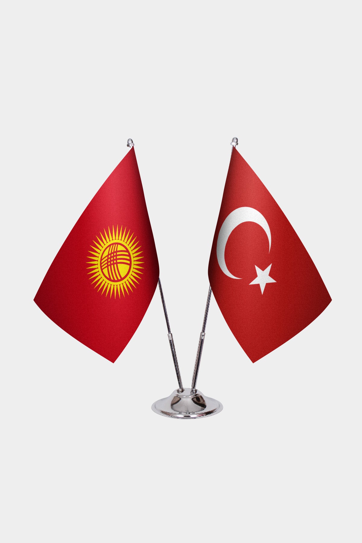 Kyrgyzstan and Turkey desk flag set with chrome pole and base