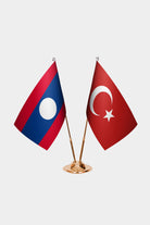 Laos and Turkey desk flag set with gold pole and base