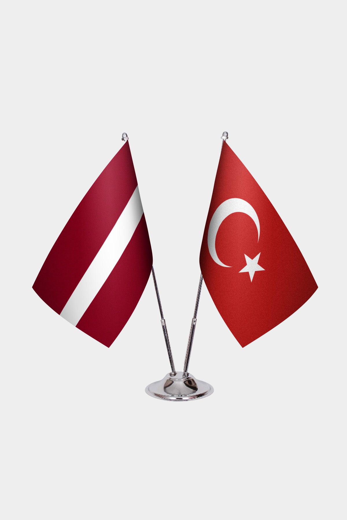 Latvia and Turkey desk flag set with chrome pole and base