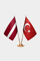 Latvia and Turkey desk flag set with gold pole and base