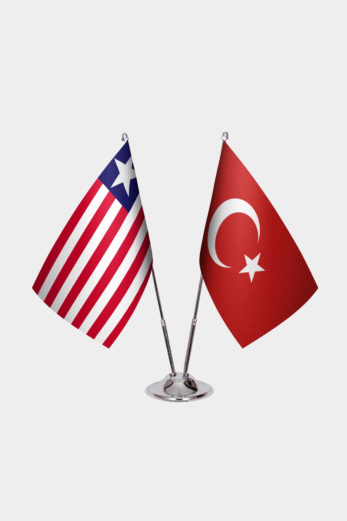 Liberia and Turkey desk flag set with chrome pole and base