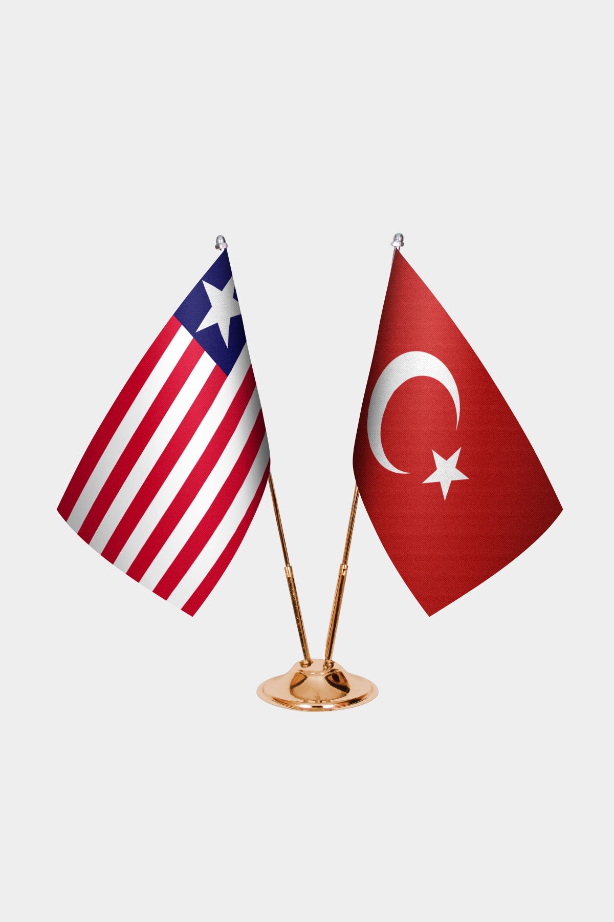 Liberia and Turkey desk flag set with gold pole and base