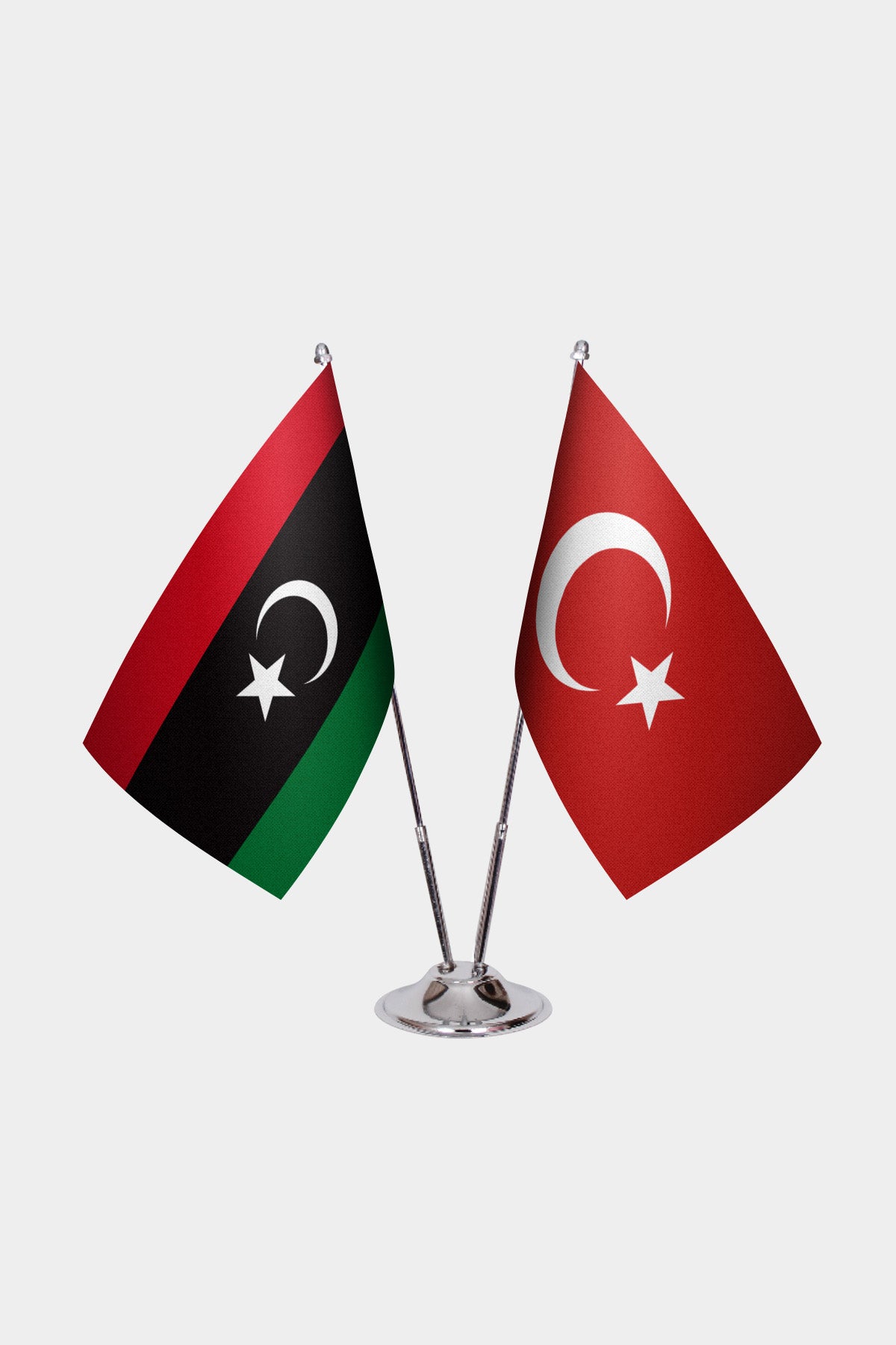 Libya and Turkey desk flag set with chrome pole and base