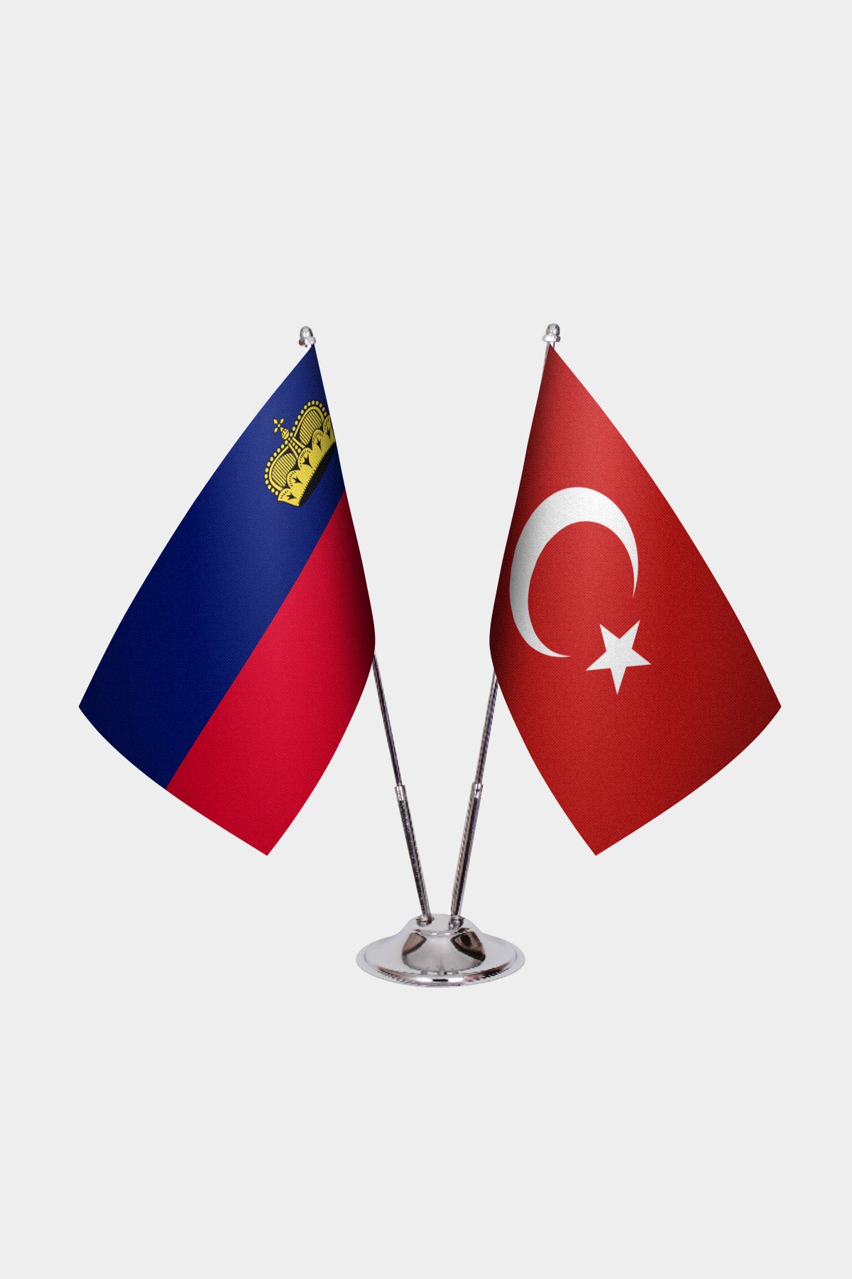 Liechtenstein and Turkey desk flag set with chrome pole and base