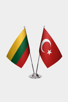 Lithuania and Turkey desk flag set with chrome pole and base