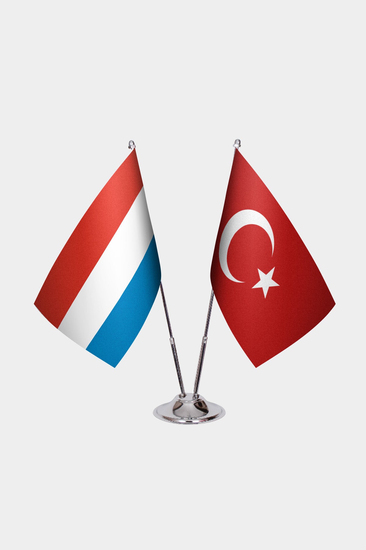 Luxembourg and Turkey desk flag set with chrome pole and base