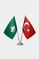 Macao and Turkey desk flag set with chrome pole and base