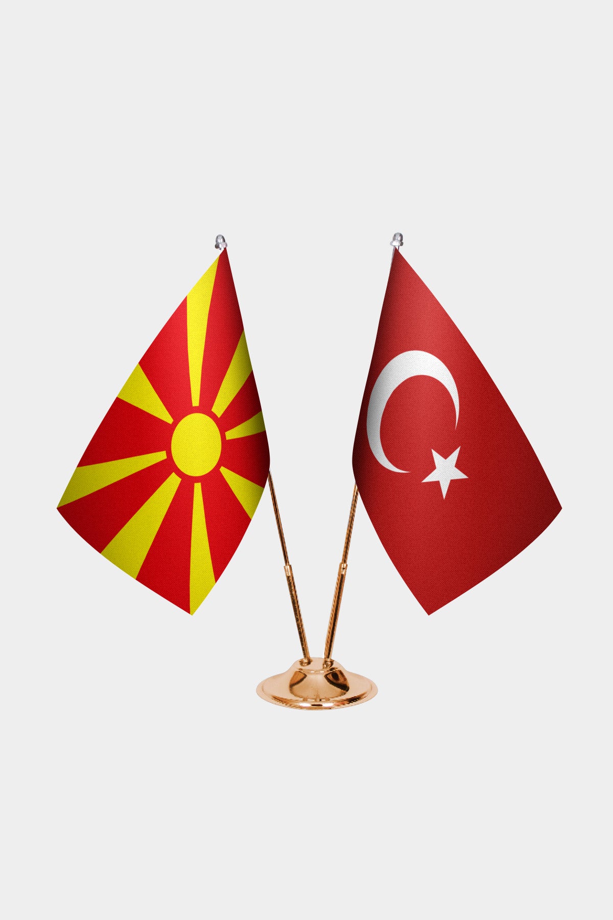 North Macedonia and Turkey desk flag set with gold pole and base