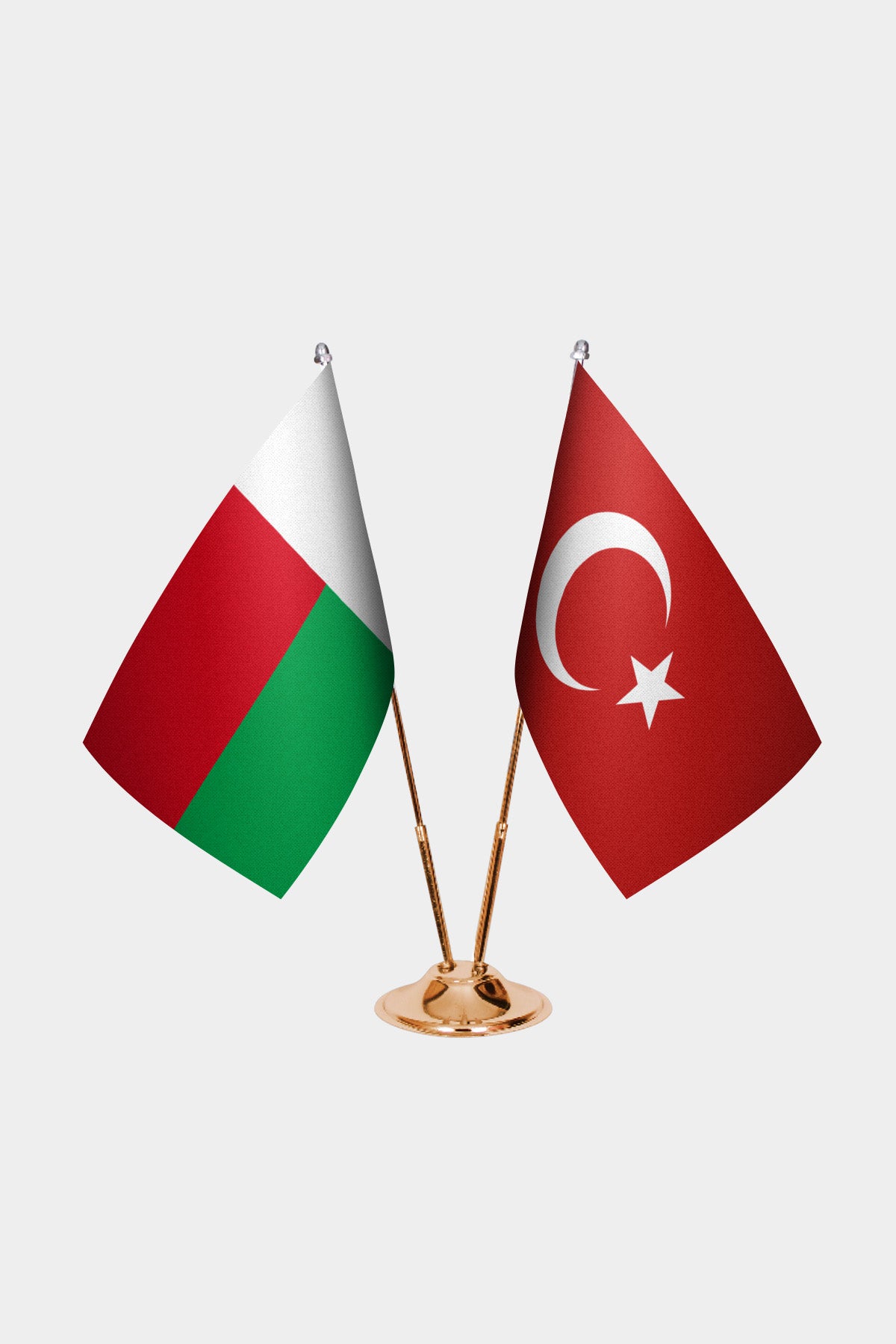 Madagascar and Turkey desk flag set with gold pole and base