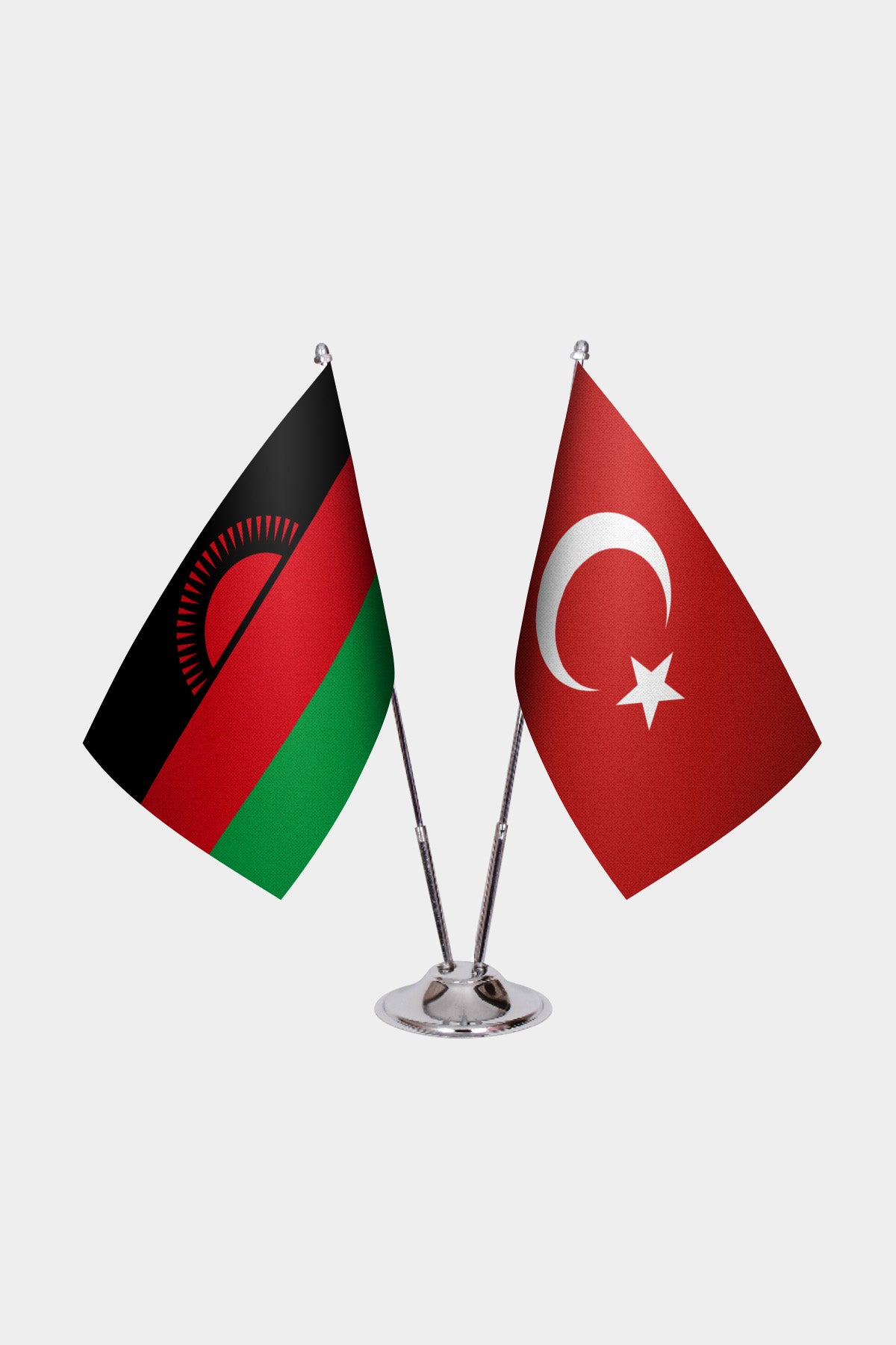 Malawi and Turkey desk flag set with chrome pole and base
