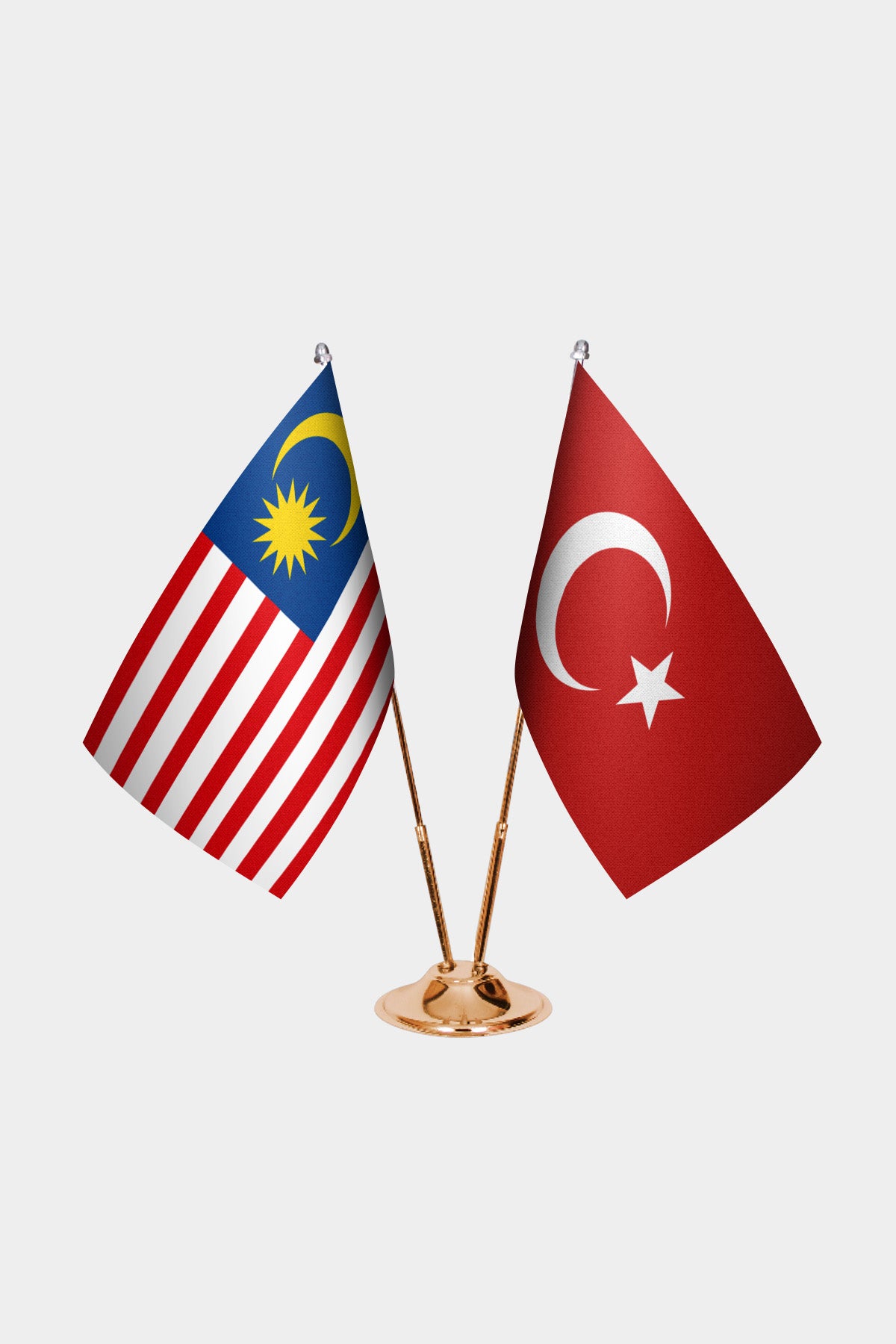 Malaysia and Turkey desk flag set with gold pole and base