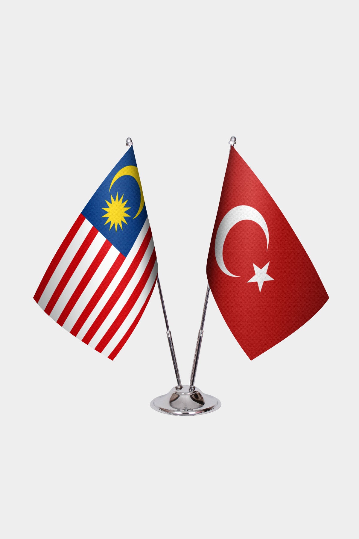 Malaysia and Turkey desk flag set with chrome pole and base