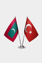 Maldives and Turkey desk flag set with chrome pole and base