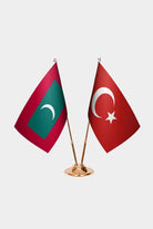 Maldives and Turkey desk flag set with gold pole and base