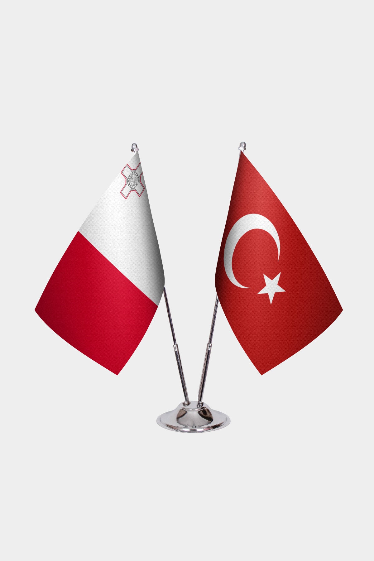 Malta and Turkey desk flag set with chrome pole and base