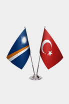 Marshall Islands and Turkey desk flag set with chrome pole and base