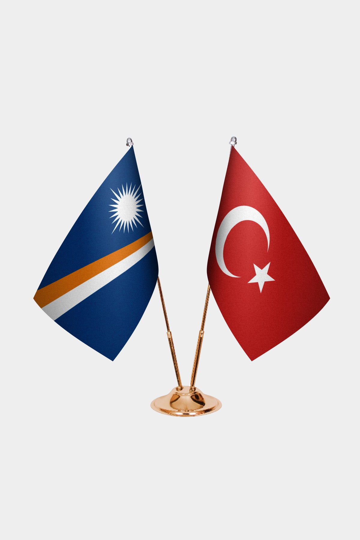 Marshall Islands and Turkey desk flag set with gold pole and base