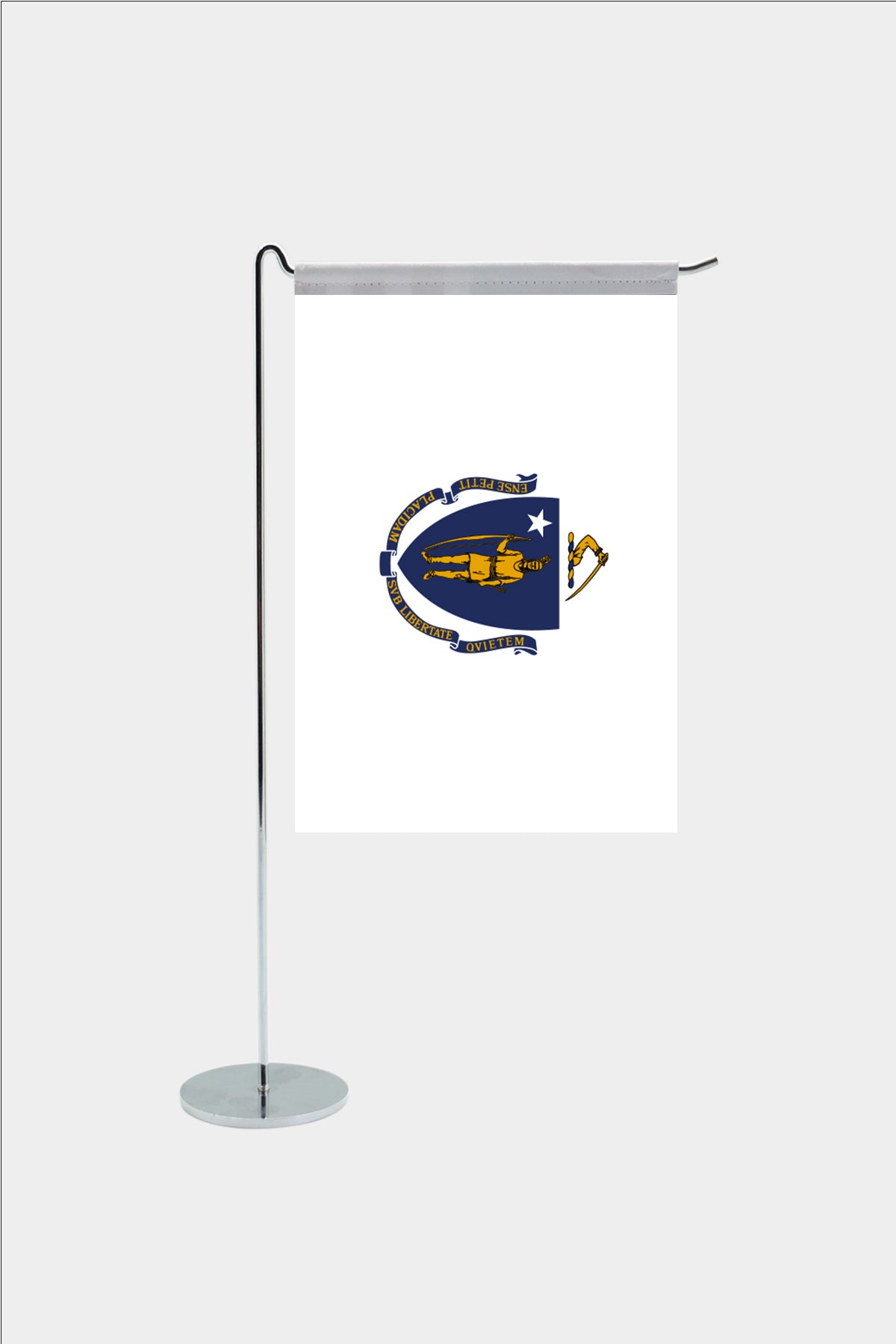 Massachusetts state desk flag with chrome L-shaped stand - premium double-layer satin office flag