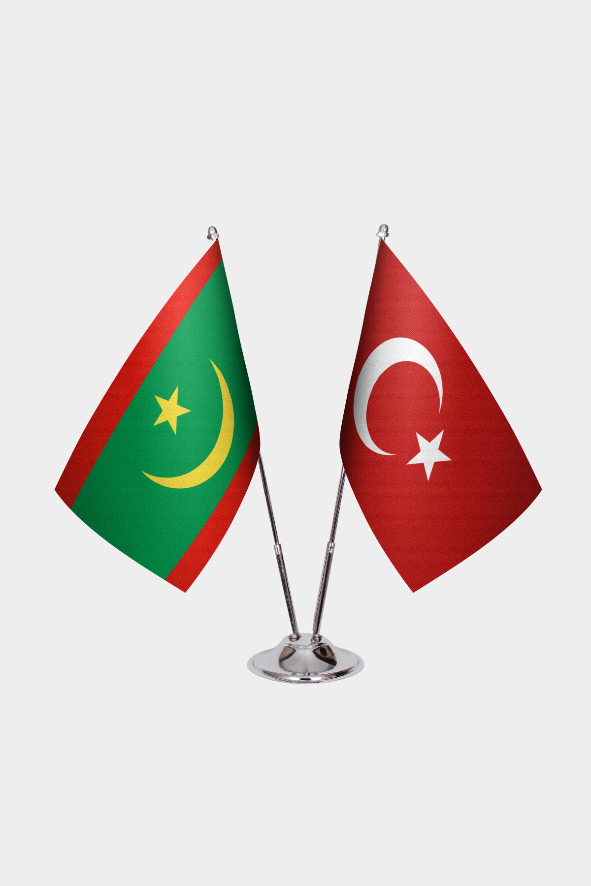 Mauritania and Turkey desk flag set with chrome pole and base
