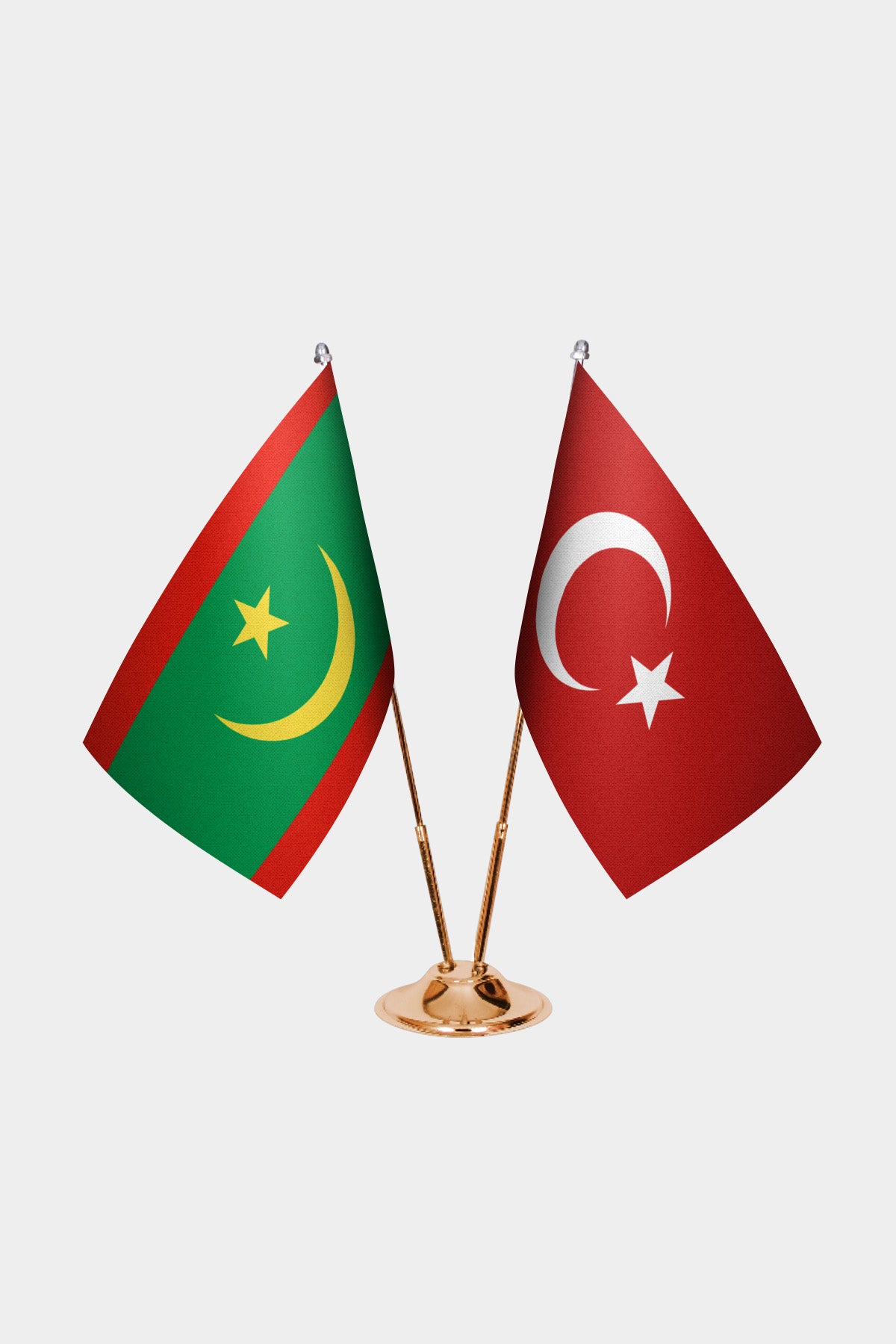 Mauritania and Turkey desk flag set with gold pole and base