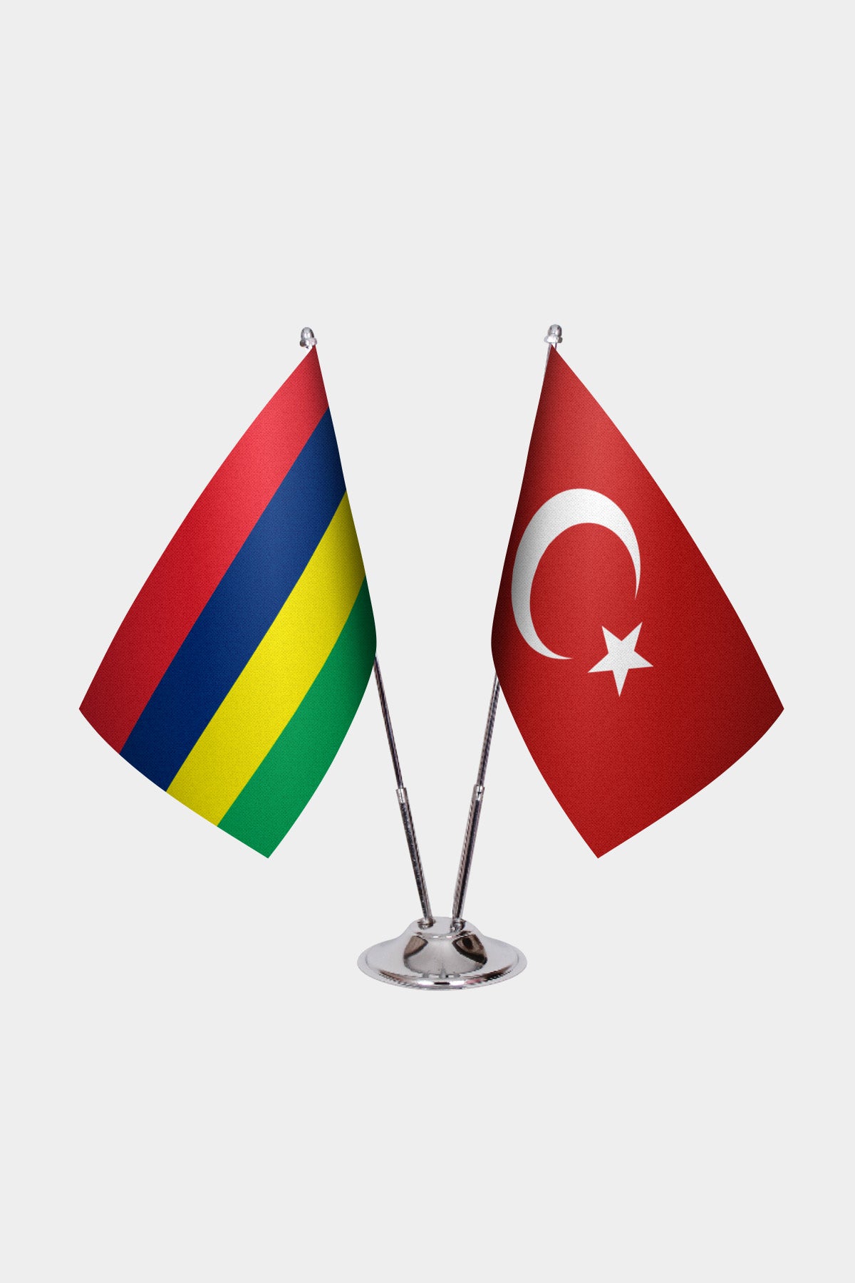 Mauritius and Turkey desk flag set with chrome pole and base
