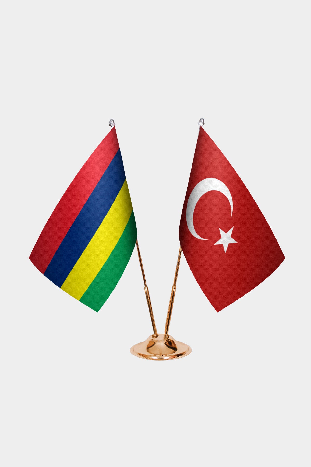 Mauritius and Turkey desk flag set with gold pole and base