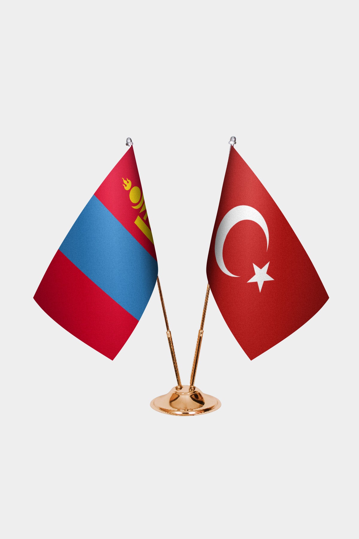 Mongolia and Turkey desk flag set with gold pole and base