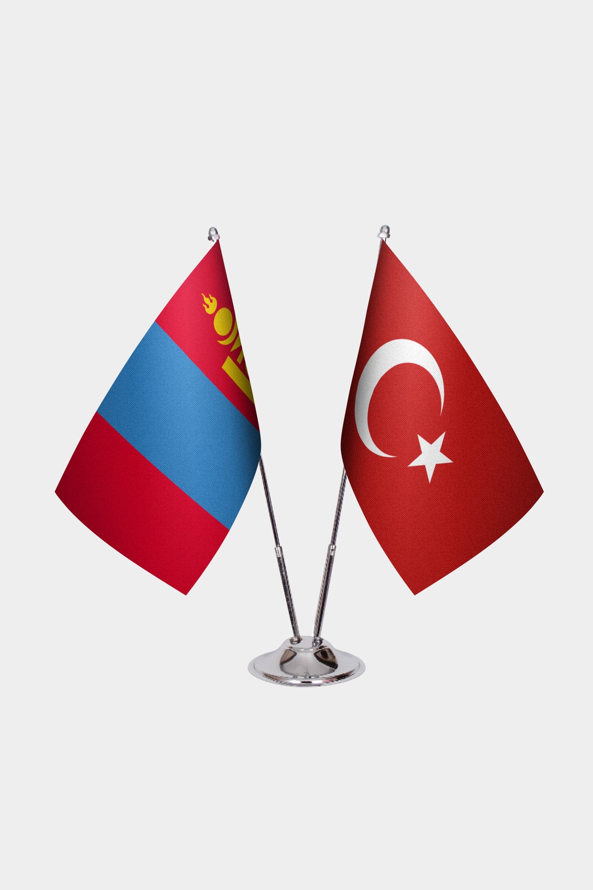 Mongolia and Turkey desk flag set with chrome pole and base