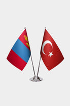 Mongolia and Turkey desk flag set with chrome pole and base