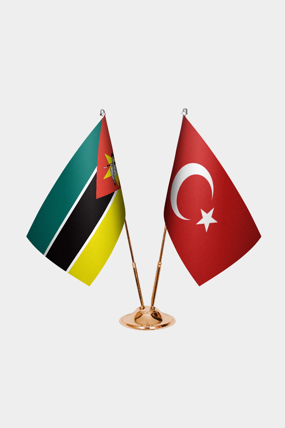 Mozambique and Turkey desk flag set with gold pole and base