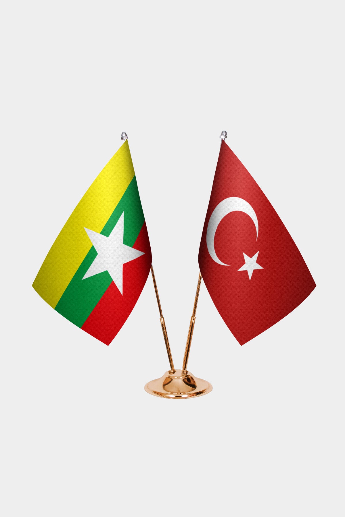 Myanmar (Burma) and Turkey desk flag set with gold pole and base