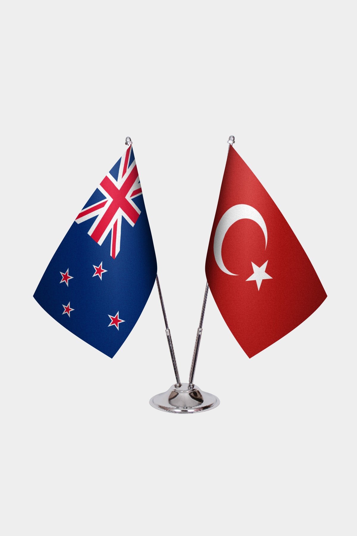 New Zealand and Turkey desk flag set with chrome pole and base