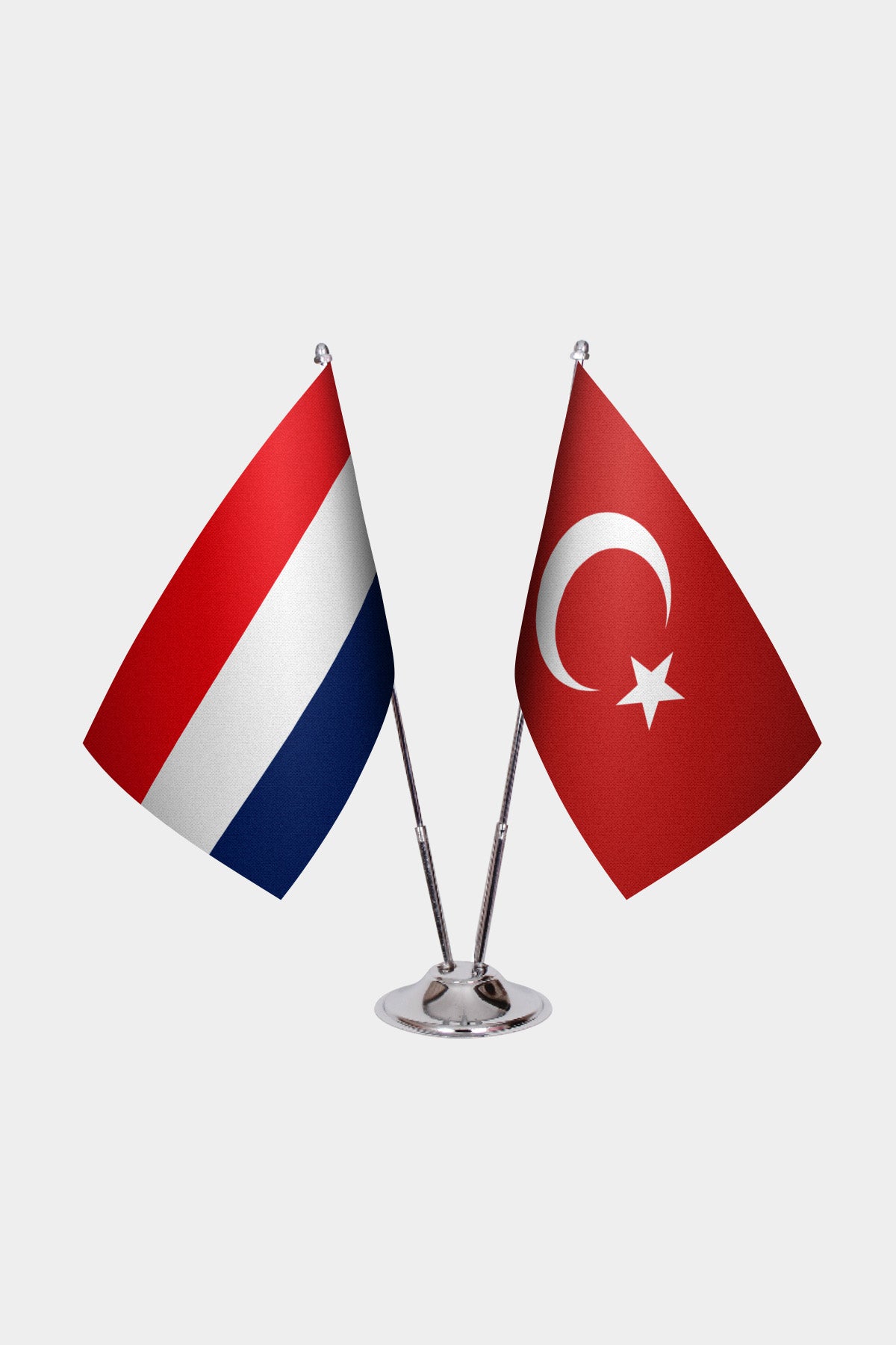 Netherlands and Turkey desk flag set with chrome pole and base