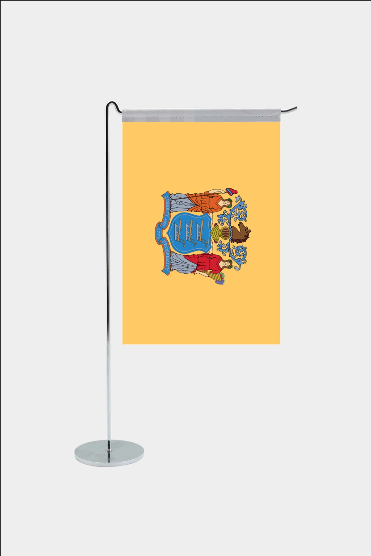 New Jersey state desk flag with chrome L-shaped stand - premium double-layer satin office flag