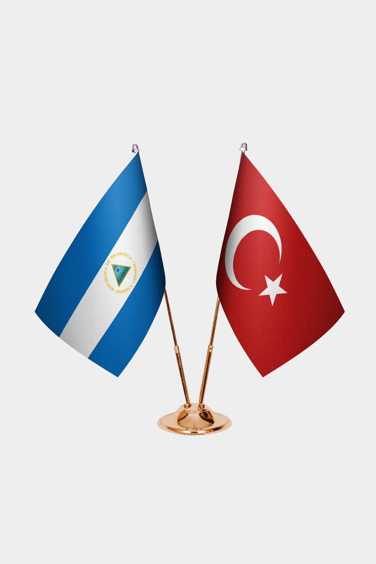 Nicaragua and Turkey desk flag set with gold pole and base