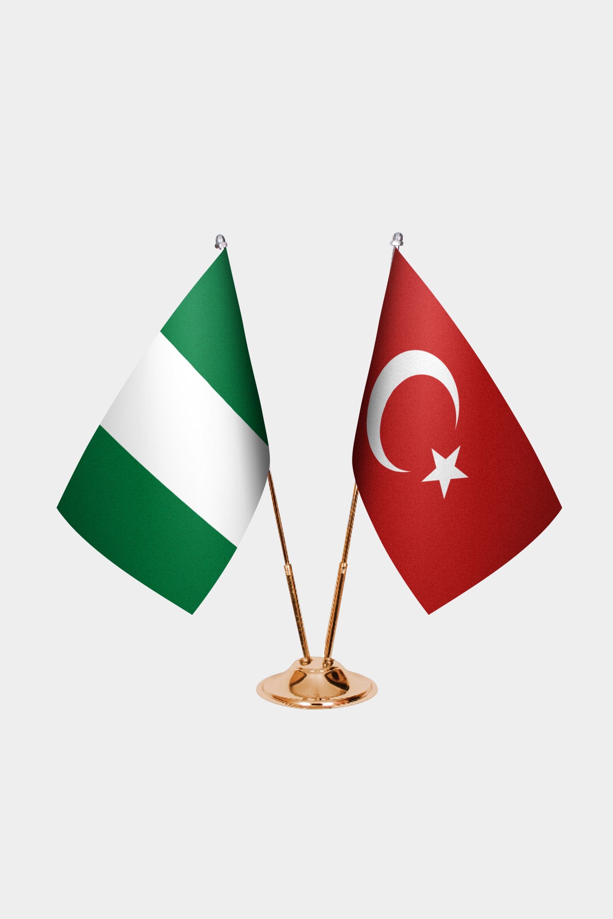 Nigeria and Turkey desk flag set with gold pole and base