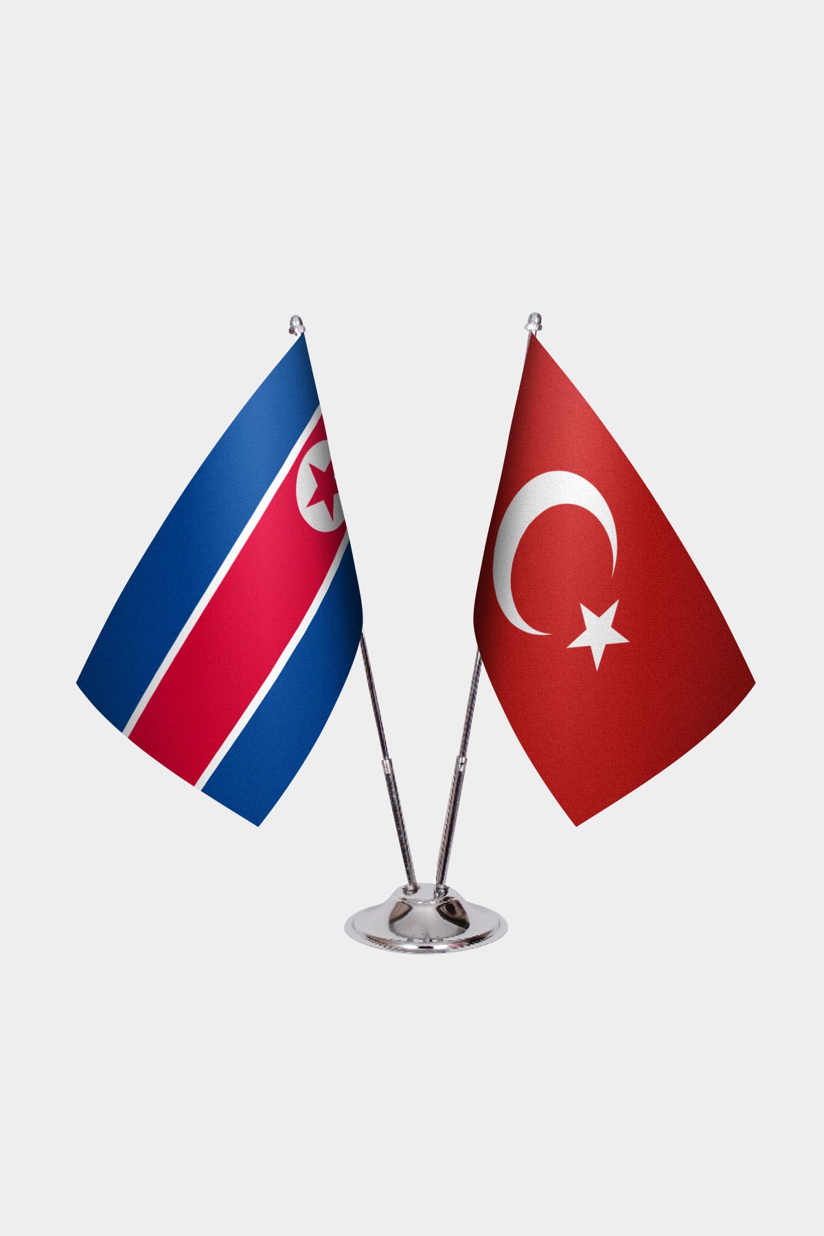 North Korea and Turkey desk flag set with chrome pole and base